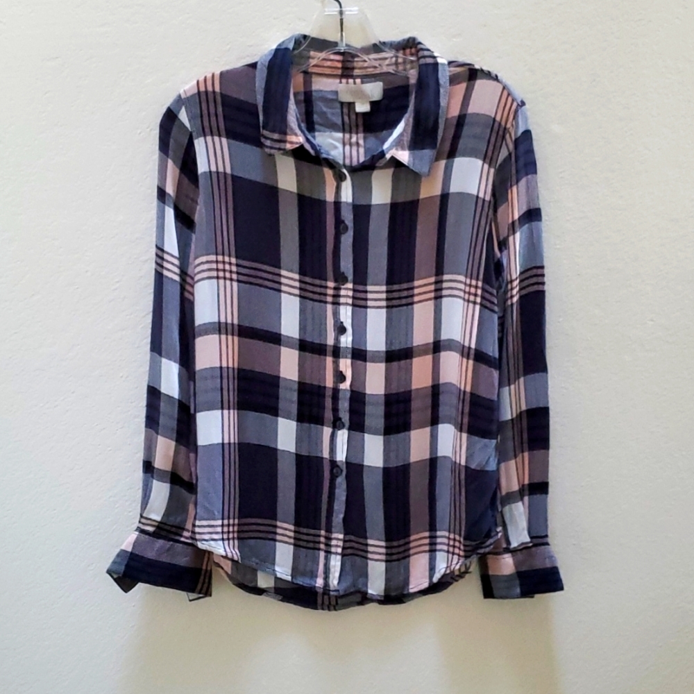 Olive & Oak Long Sleeve Plaid Flannel Button Down Shirt Blouse Top